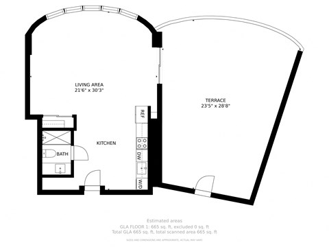 Floor plan for studio, 1 bath, 653 sqft
